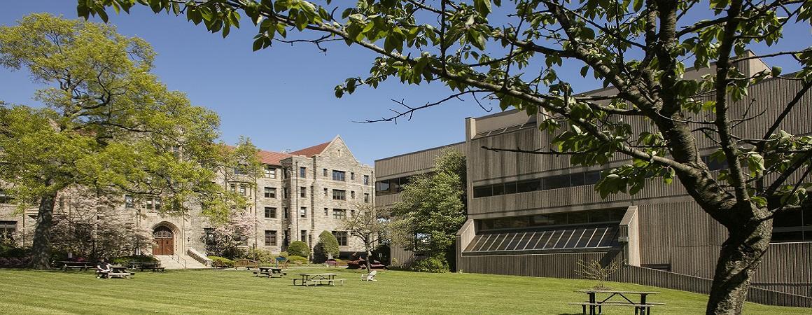 Campus quad with Preston Hall and Gerber Glass
