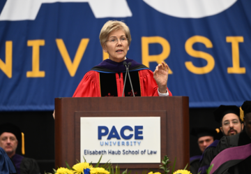 Senator Elizabeth Warren speaking at podium