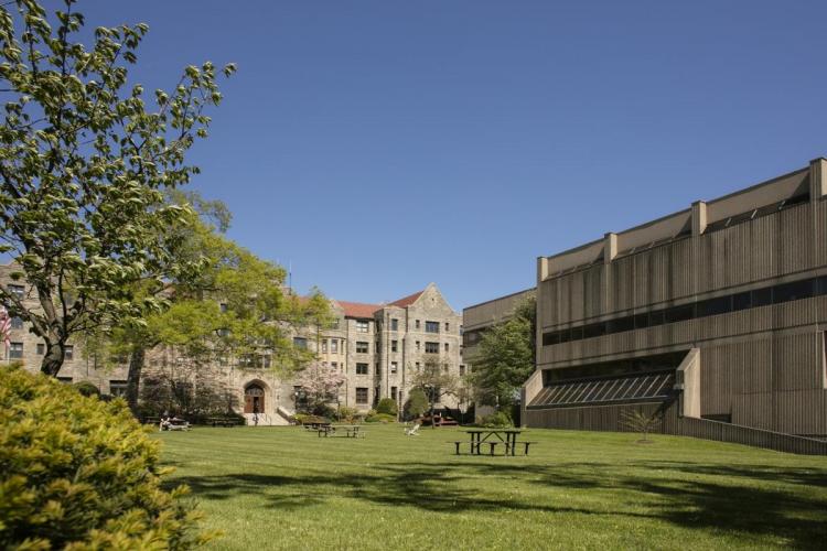 campus showing library building and Preston Hall